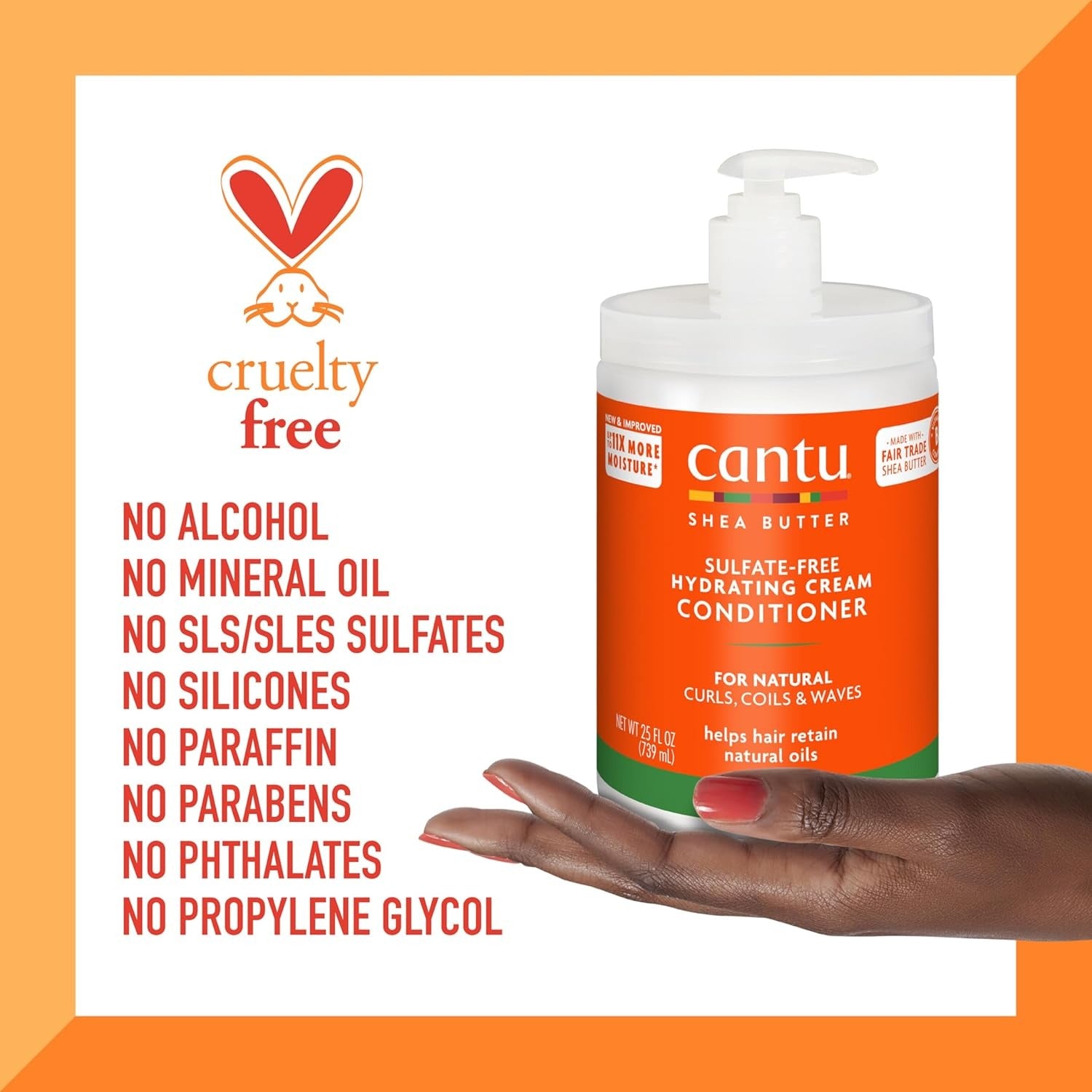 CANTU shea butter sulfate free conditioner jar with pump held in hand beside cruelty free and no harsh ingredients list