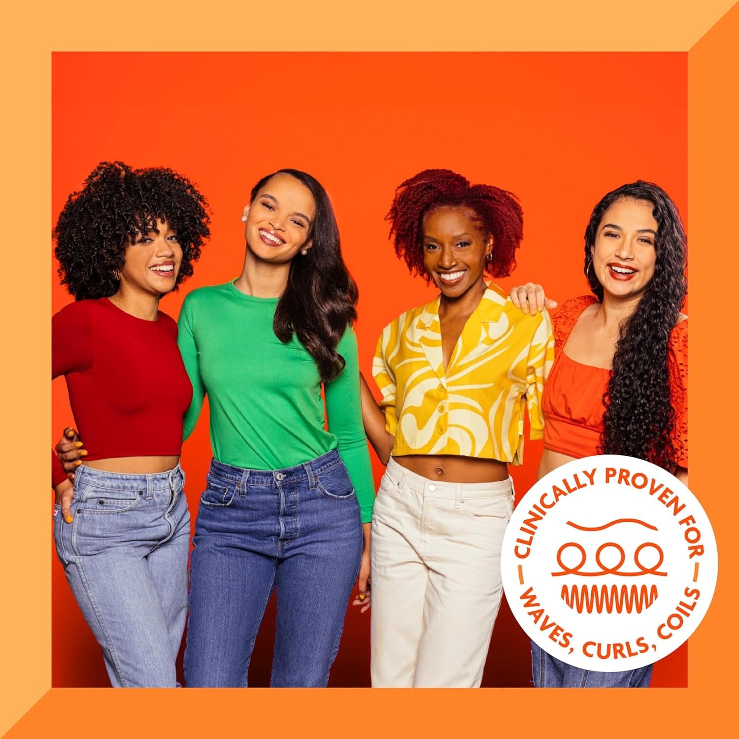 CANTU shea butter sulfate free conditioner ad with four women showing waves curls coils on orange background