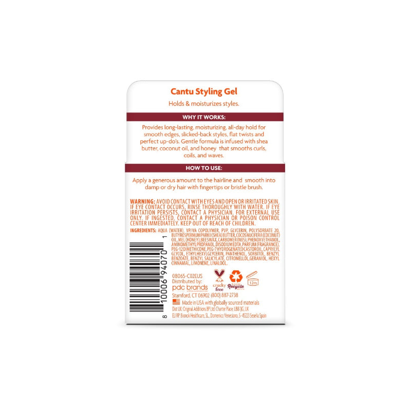 Cantu Styling Gel back label showing product info instructions ingredients and barcode styling gel for kids hair