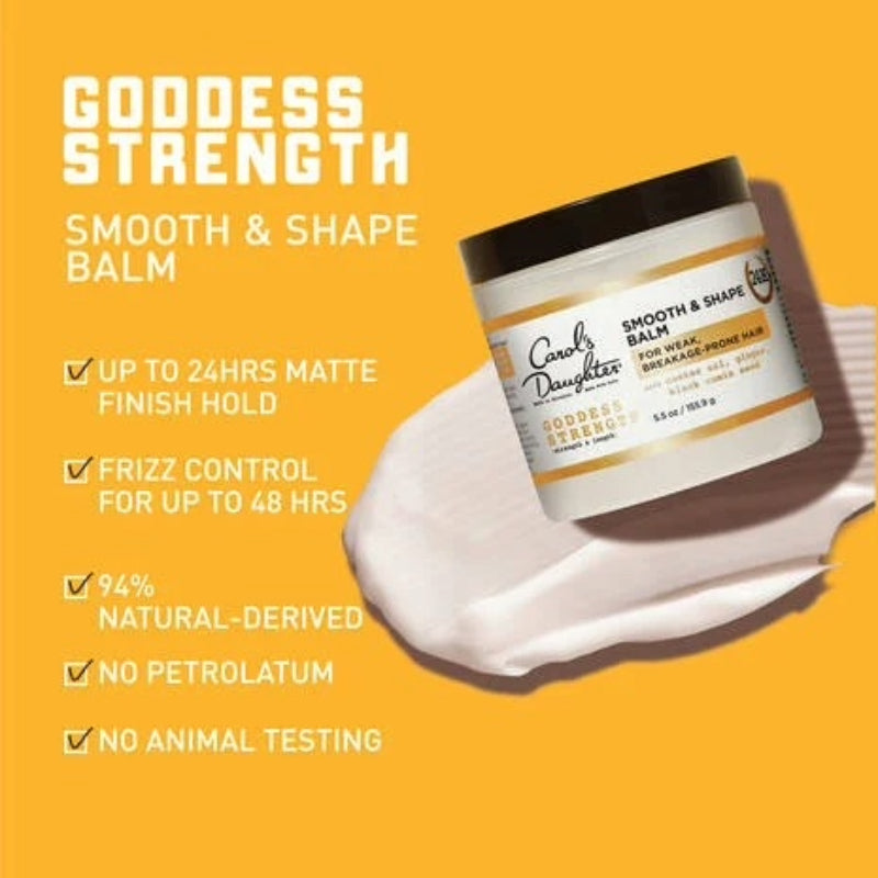 Carols Daughter Goddess Strength Smooth and Shape jar on yellow background with product smear and hair smoothing and shaping balm