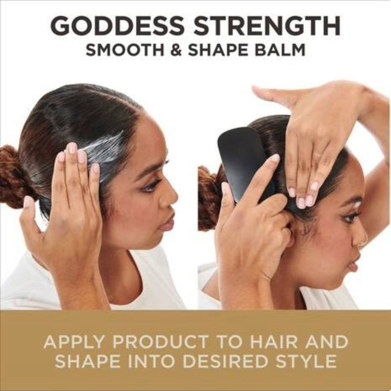 Carols Daughter Goddess Strength hair smoothing and shaping balm applied to edges as woman brushes and shapes hair