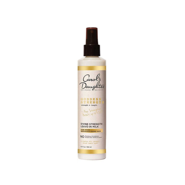 Carols Daughter Divine Strength spray bottle leave-in milk for natural hair in white and gold packaging