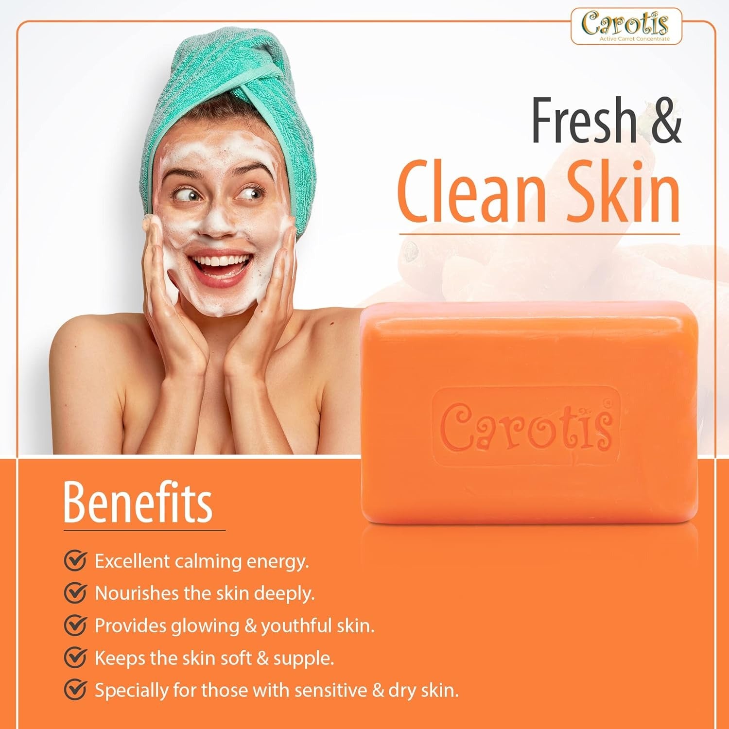 Carotis skin care soap ad showing smiling woman with facial foam and towel and an orange Carotis soap bar
