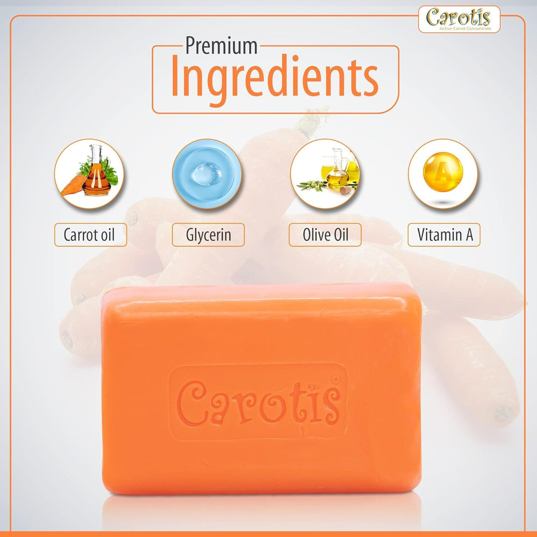 Carotis orange soap bar for skin care showing carrot oil glycerin olive oil and vitamin A ingredients