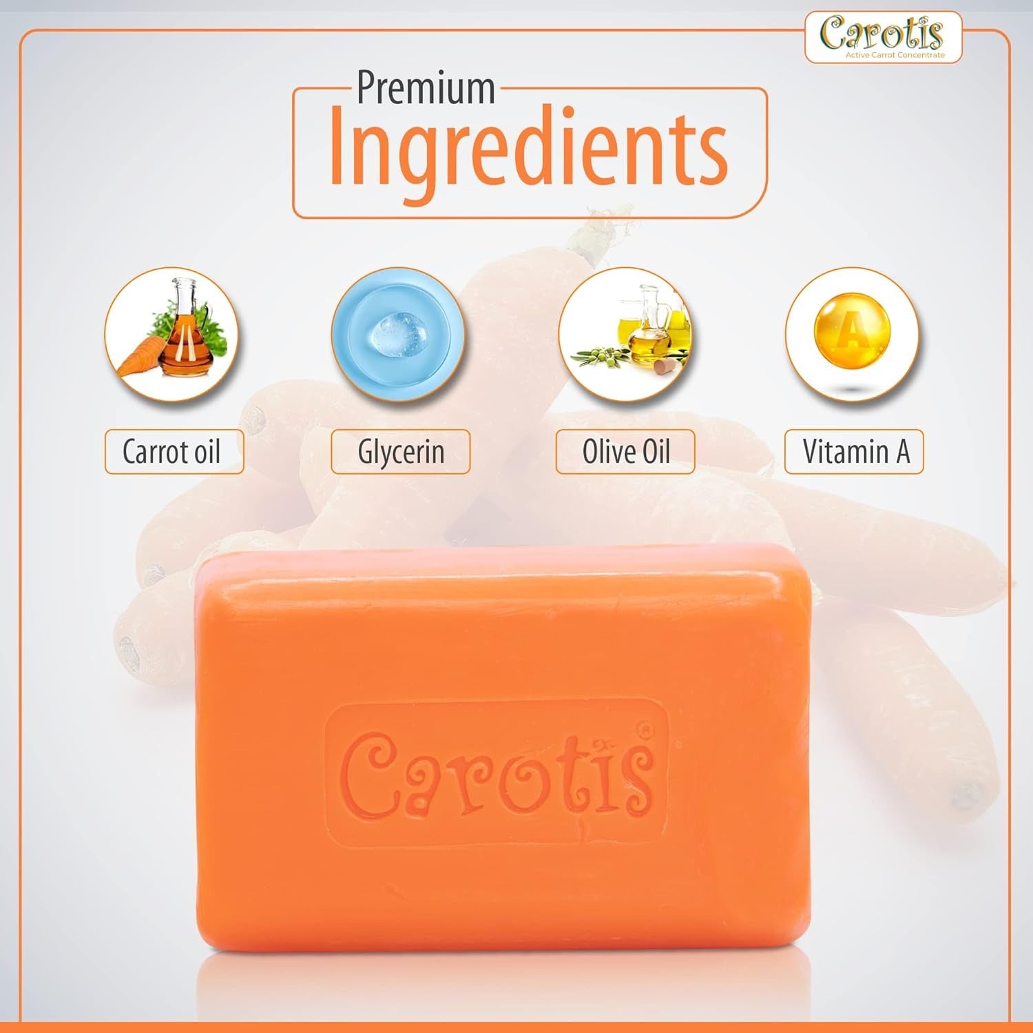 Carotis orange soap bar for skin care showing carrot oil glycerin olive oil and vitamin A ingredients