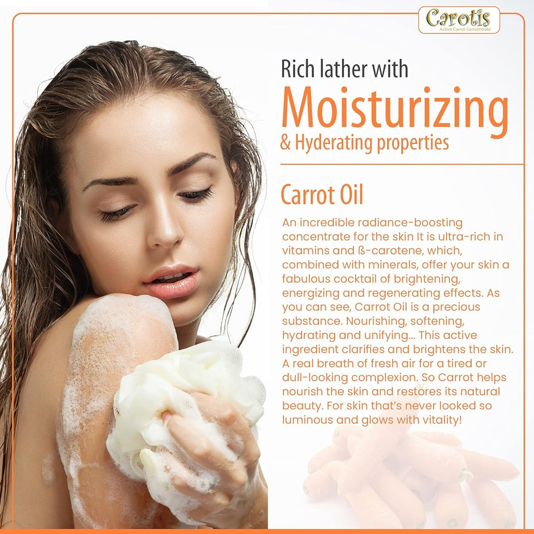 Carotis skin care ad showing woman lathering moisturizing carrot oil body wash foam