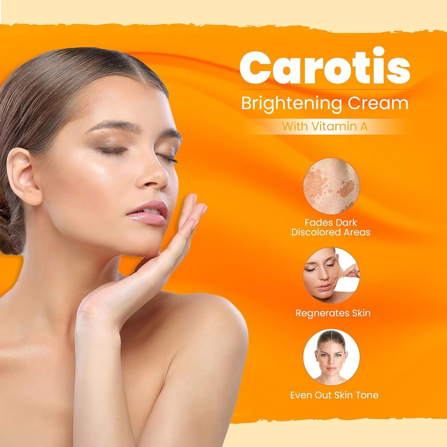 Carotis brightening cream for dark spots with Vitamin A shown beside model with glowing skin