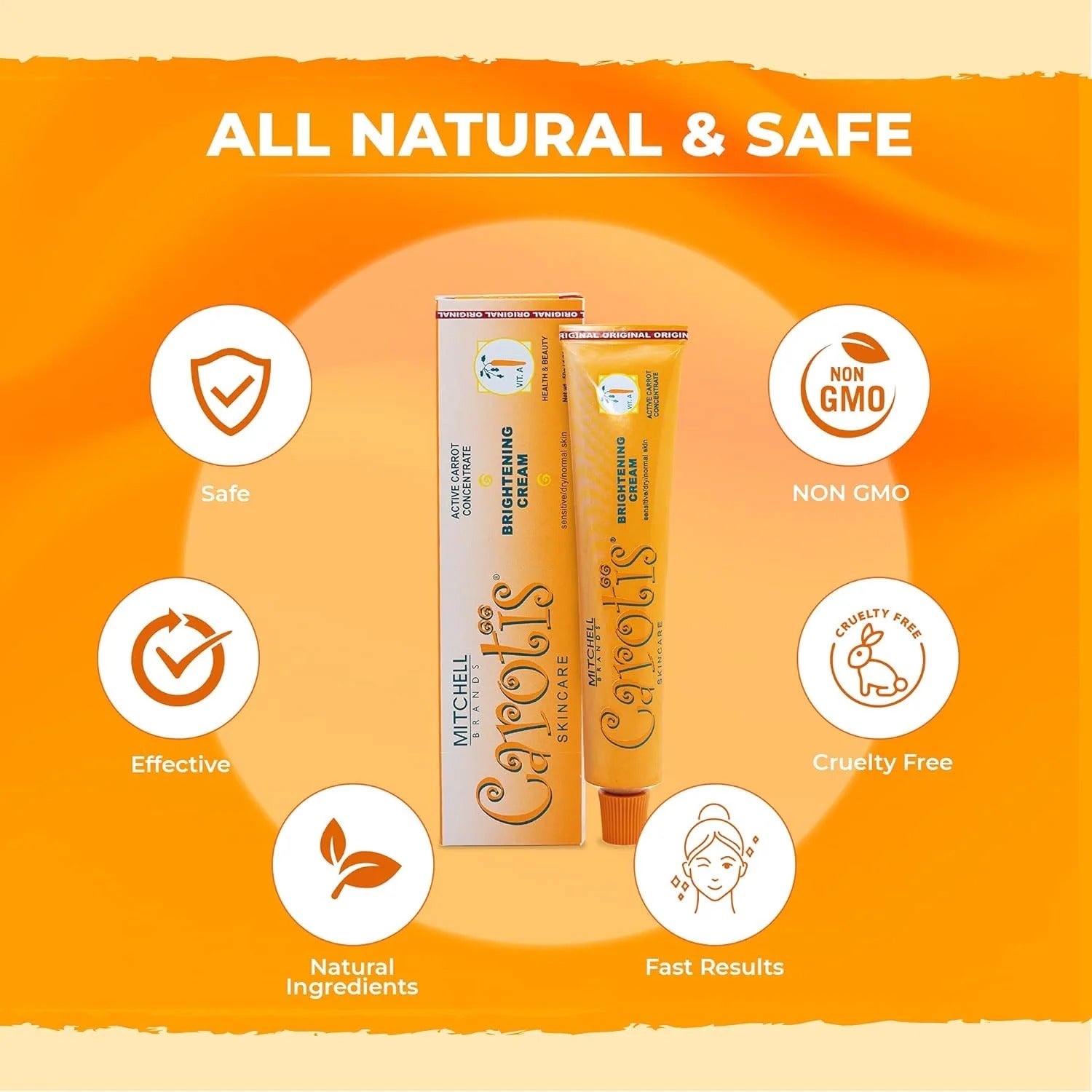CAROTIS brightening cream for dark spots tube and box on orange background with natural claims