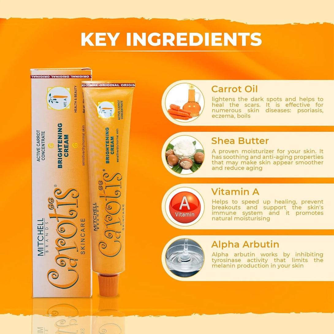CAROTIS brightening cream for dark spots tube and box with key ingredients list on orange background