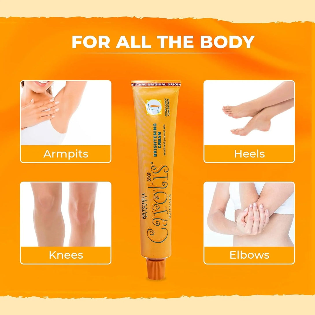 CAROTIS brightening cream for dark spots tube on orange background showing use on armpits knees elbows and heels
