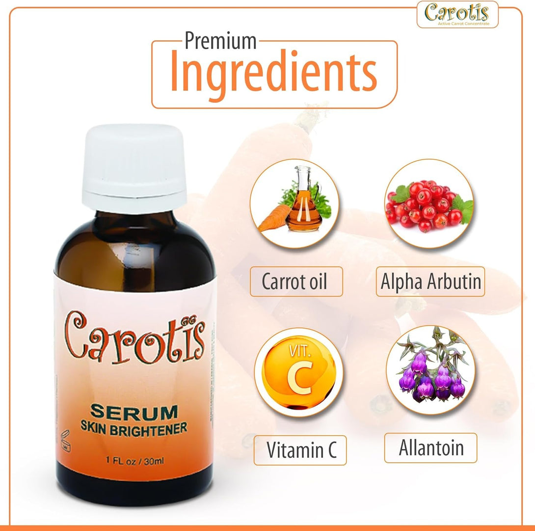 Carotis skin brightener serum bottle with ingredients icons showing carrot oil vitamin C allantoin and alpha arbutin