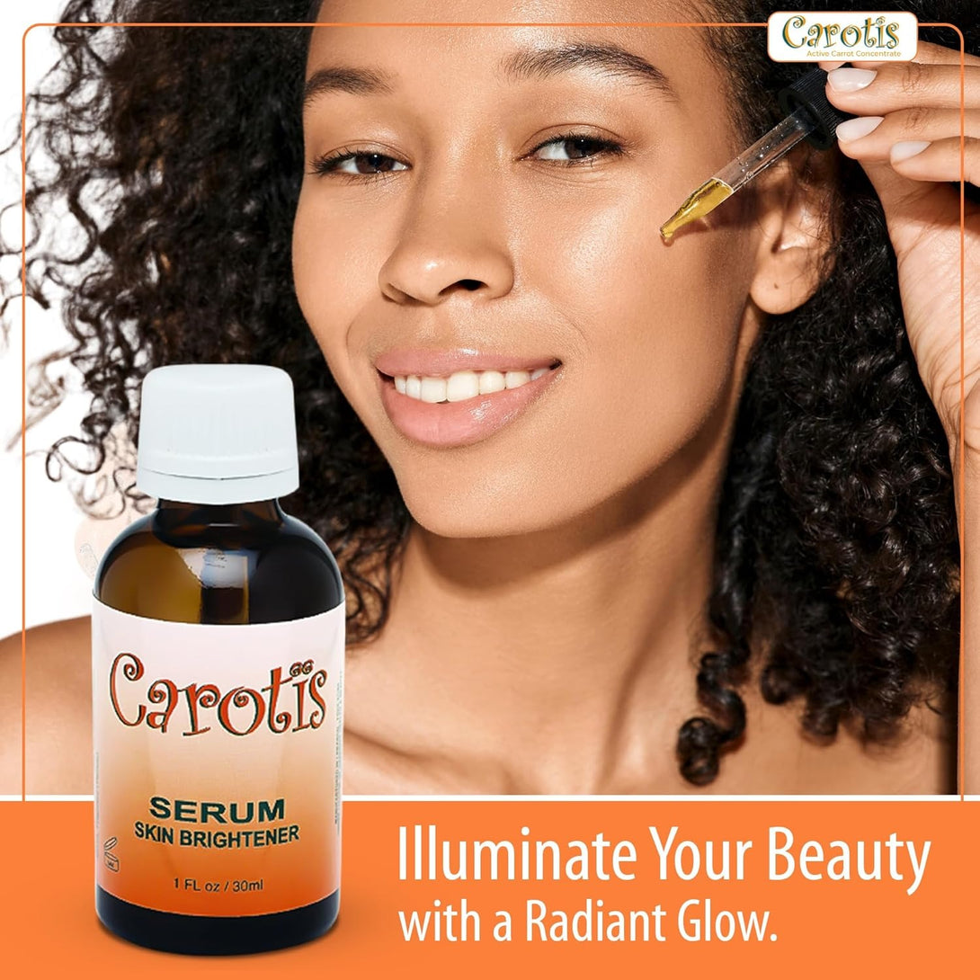Smiling woman applying dropper of Carotis skin brightener serum beside product bottle for radiant skin