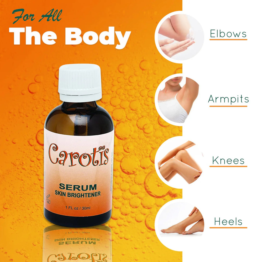 Carotis skin brightener serum bottle on orange background showing use for elbows armpits knees and heels
