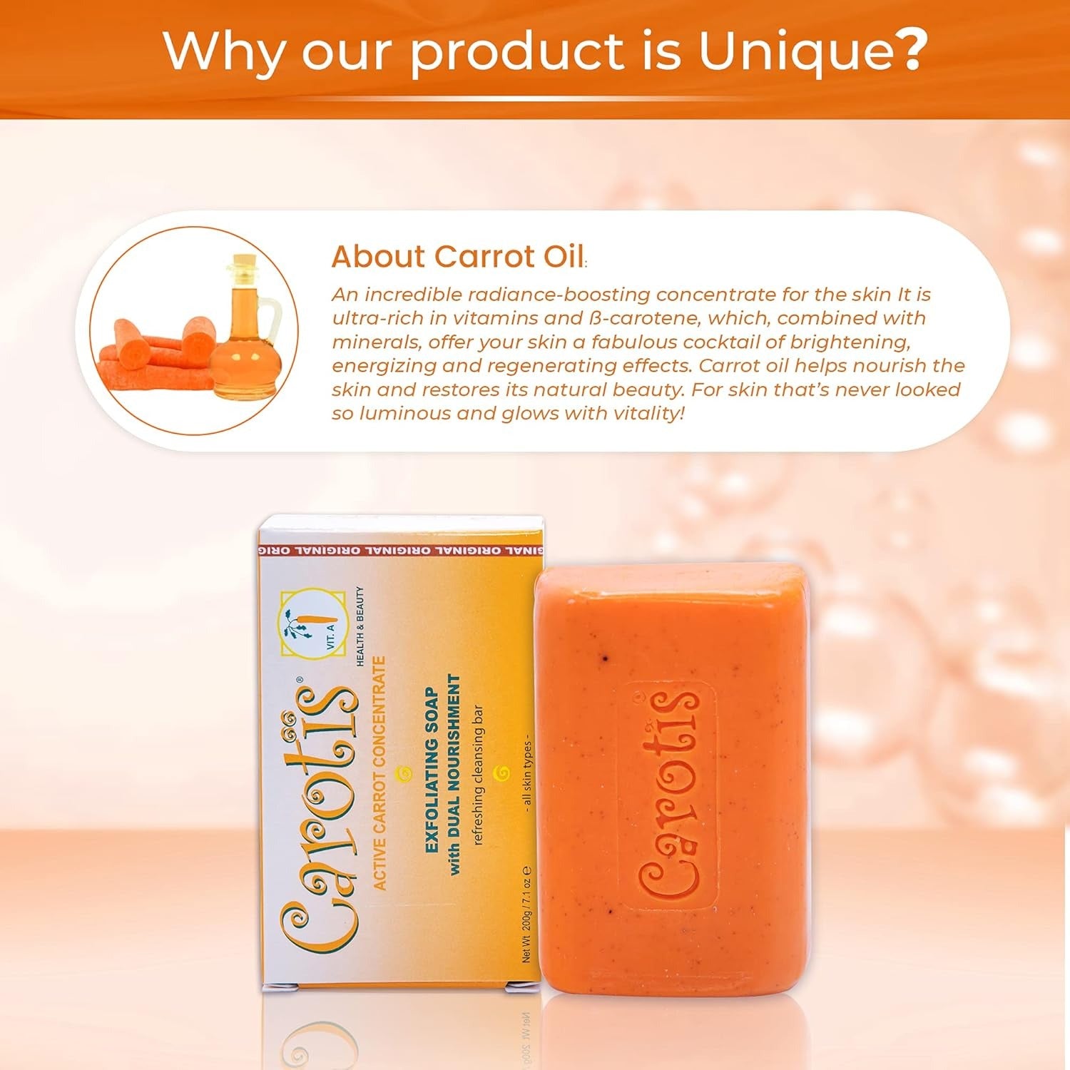 Carotis carrot oil bar and box displayed on a reflective surface exfoliating soap for glowing skin