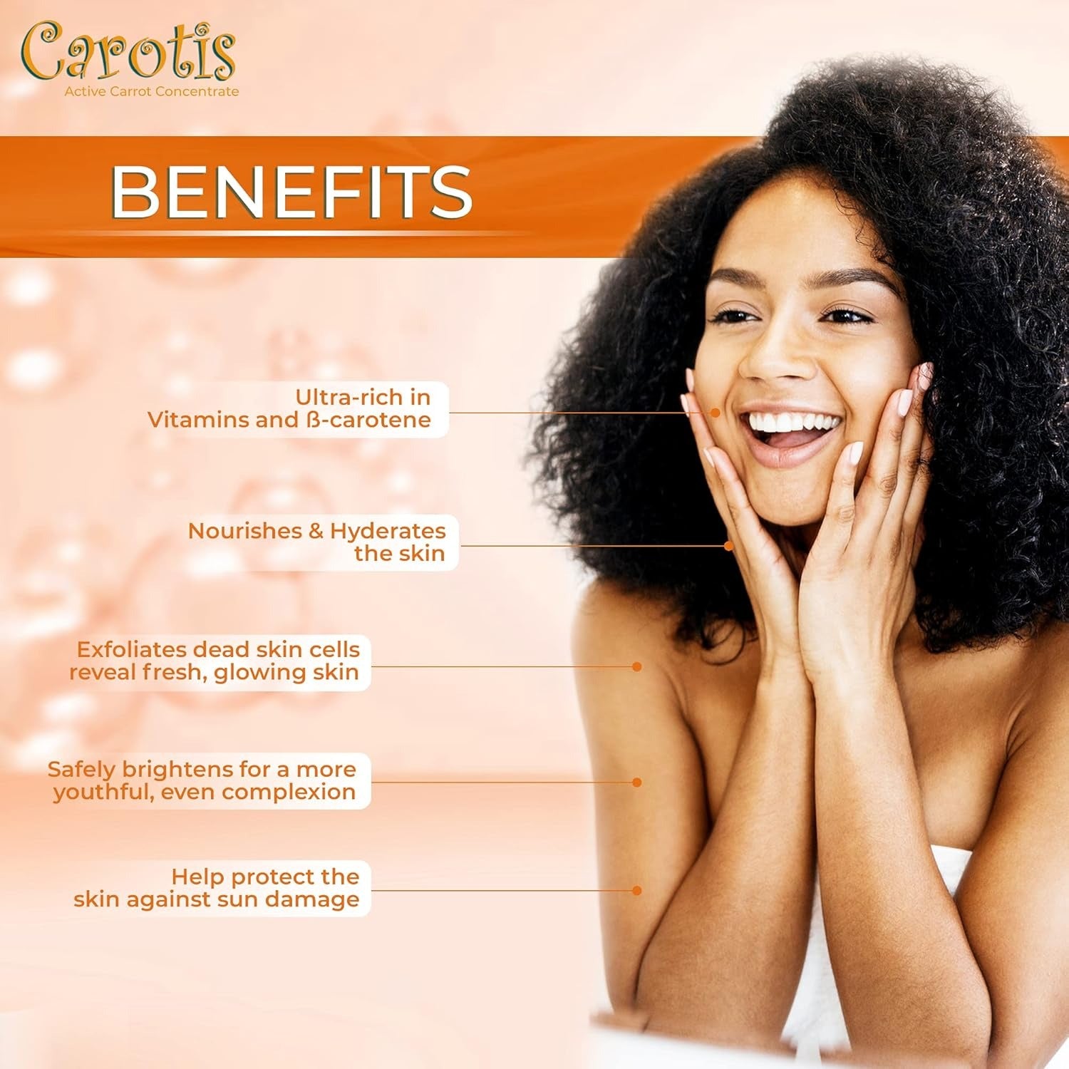Carotis skin care benefits poster with smiling woman highlighting exfoliating soap for glowing skin and hydration