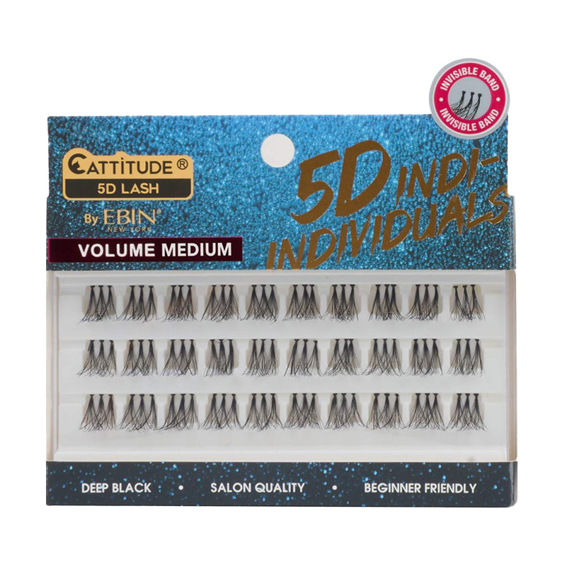 EBIN Cattitude pack of 5D individual lashes medium volume in deep black with invisible band tray