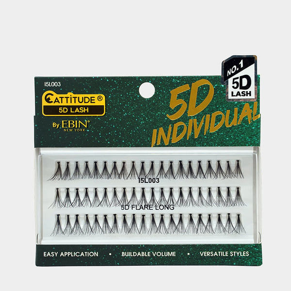 EBIN Cattitude 5D individual lashes pack showing three rows of black flare long clusters for buildable volume