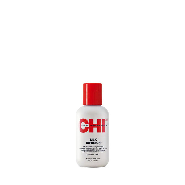 CHI Infra Silk Infusion hair treatment white bottle with red cap and CHI logo professional serum