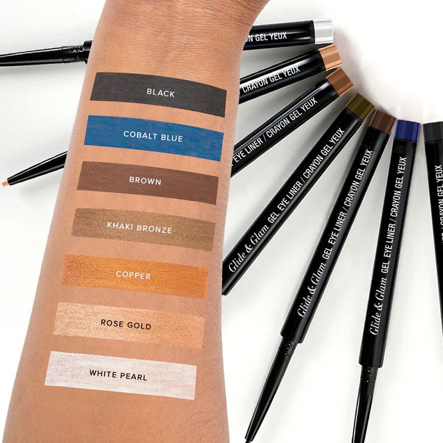 Absolute New York gel eye liner pencil swatches on arm showing black cobalt blue brown khaki bronze copper rose gold and white pearl