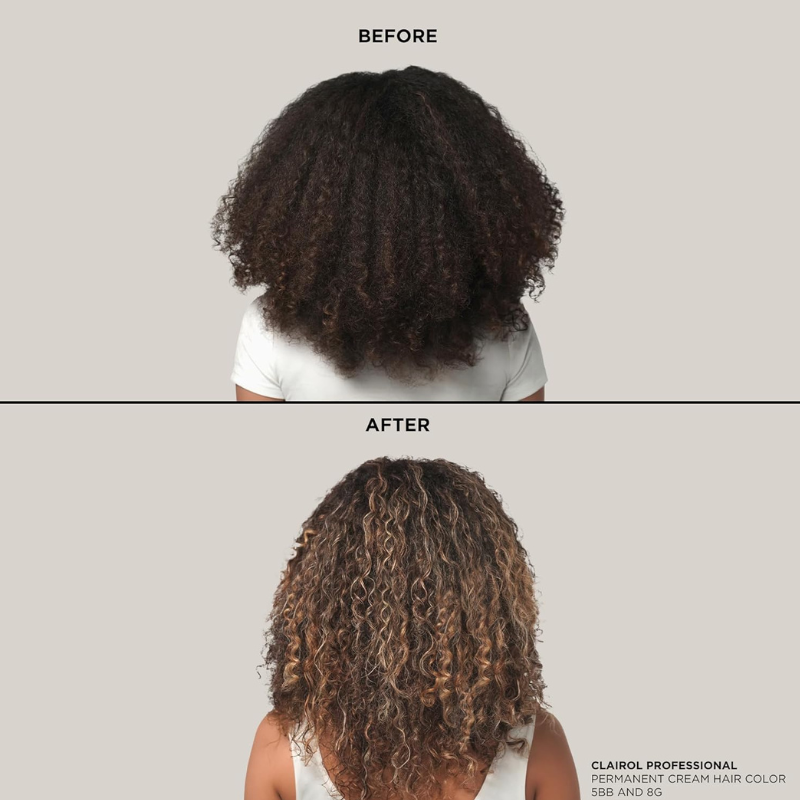 Clairol before and after curly hair transformation showing lighter highlights using BW2+ dedusted powder lightener