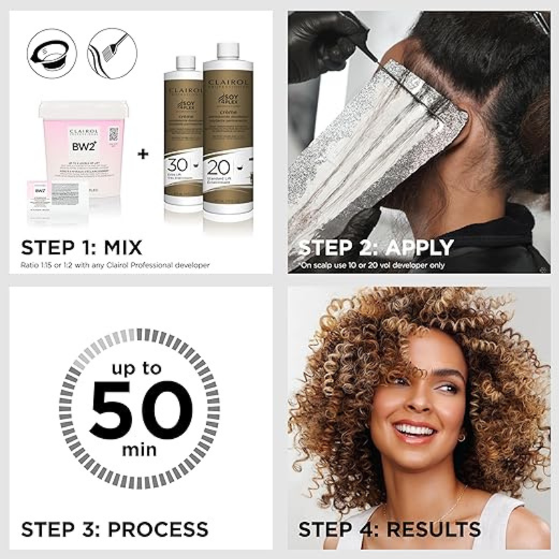 Clairol BW2+ dedusted powder lightener kit with developer showing mix apply process and curly highlighted results