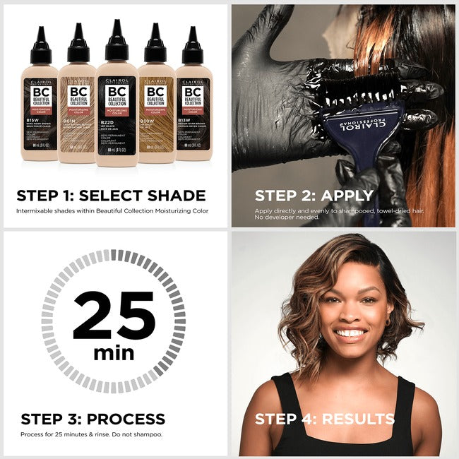Clairol semi permanent hair color step-by-step guide showing shade selection, application, 25-minute processing, and final results