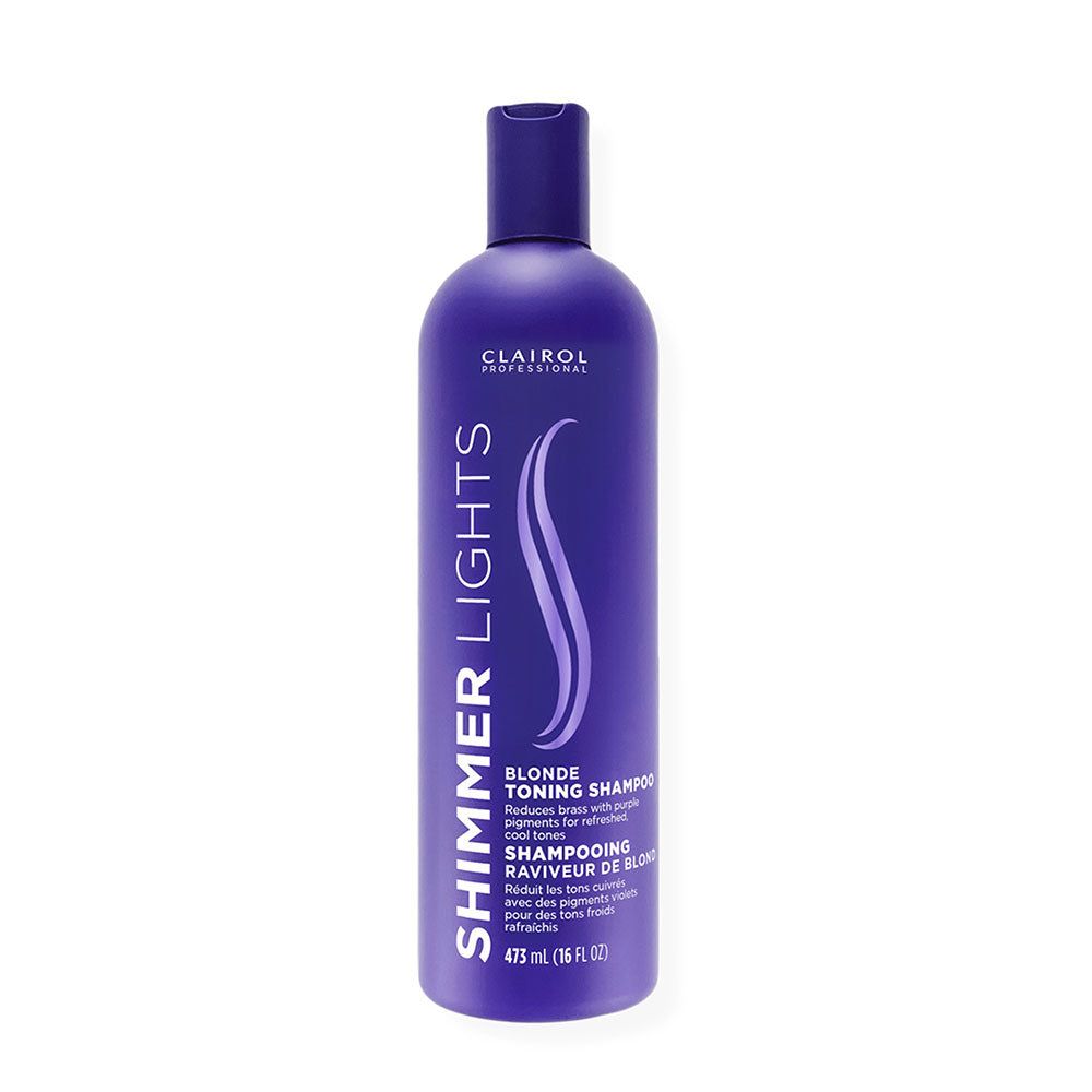 Clairol Shimmer Lights purple bottle blonde toning shampoo for neutralizing brass and brightening blonde
