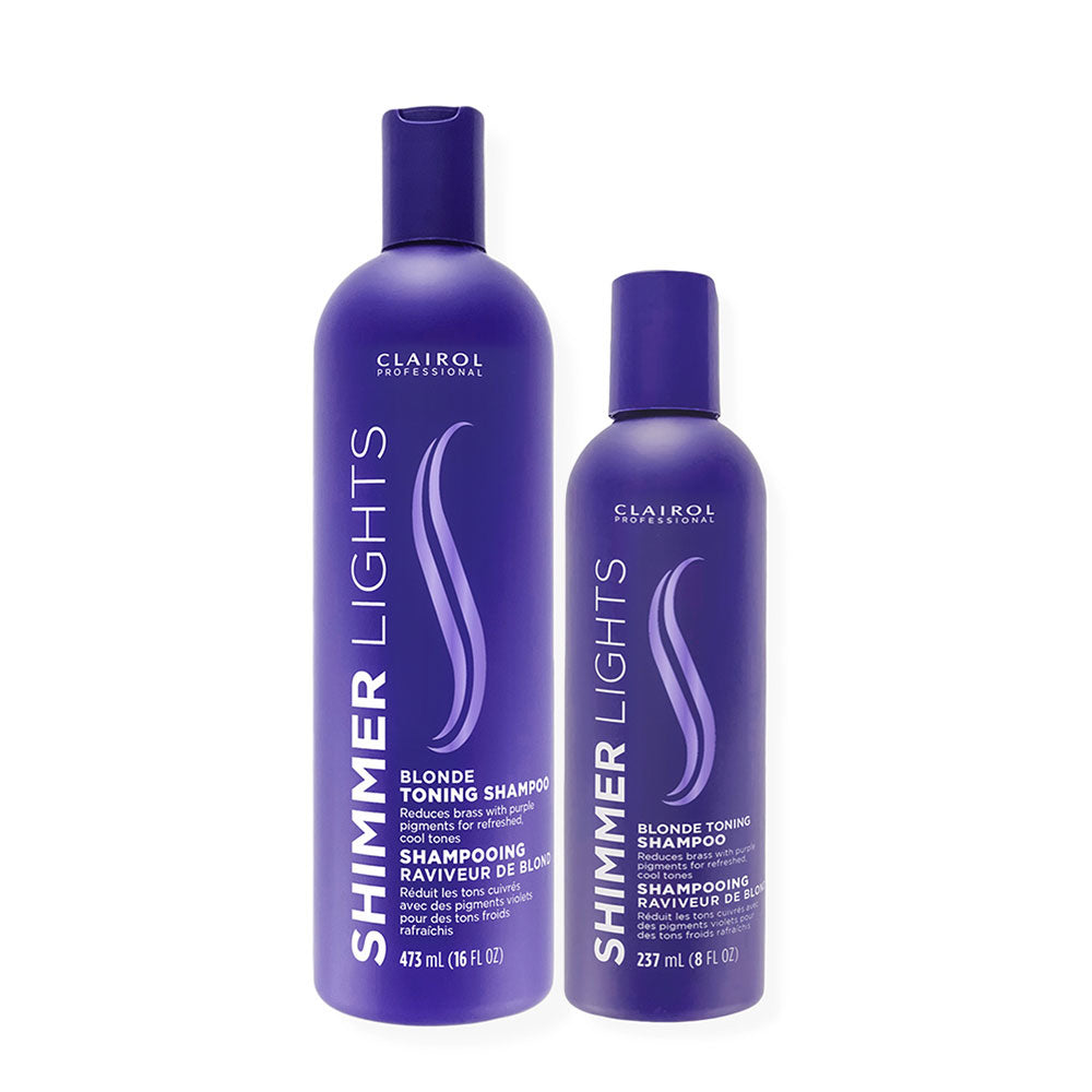 Clairol Shimmer Lights blonde toning shampoo twin purple bottles to neutralize brassiness and brighten blonde