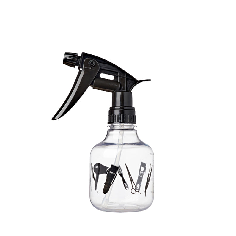 RED BEAUTY by KISS clear spray bottle for hair with black trigger and hair tool graphics