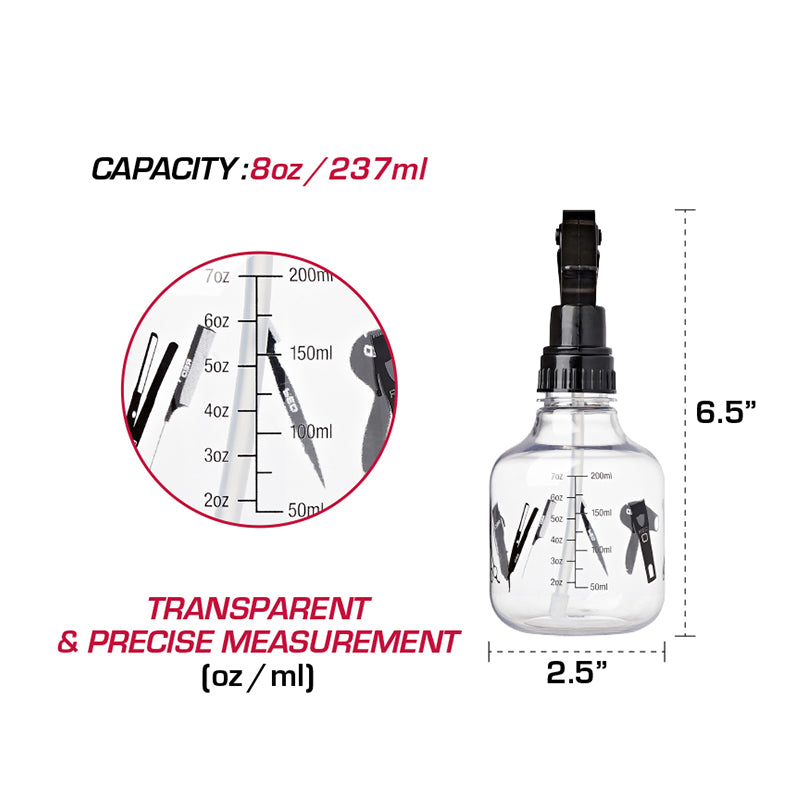 Clear spray bottle for hair with 8oz 237ml capacity and precise measurement markings