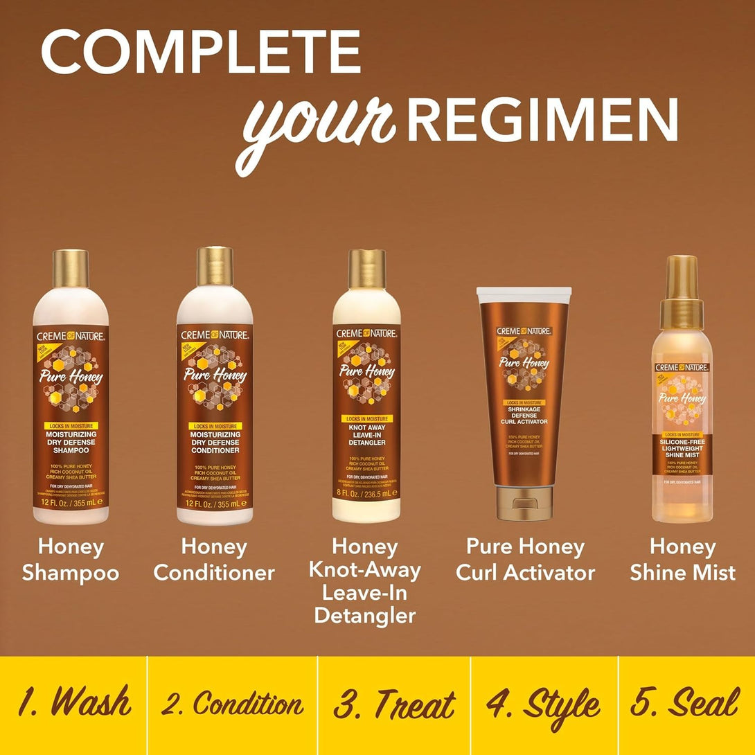 Creme of Nature Pure Honey hair care line including curl activator for natural hair with shampoo, conditioner, leave-in detangler, and shine mist