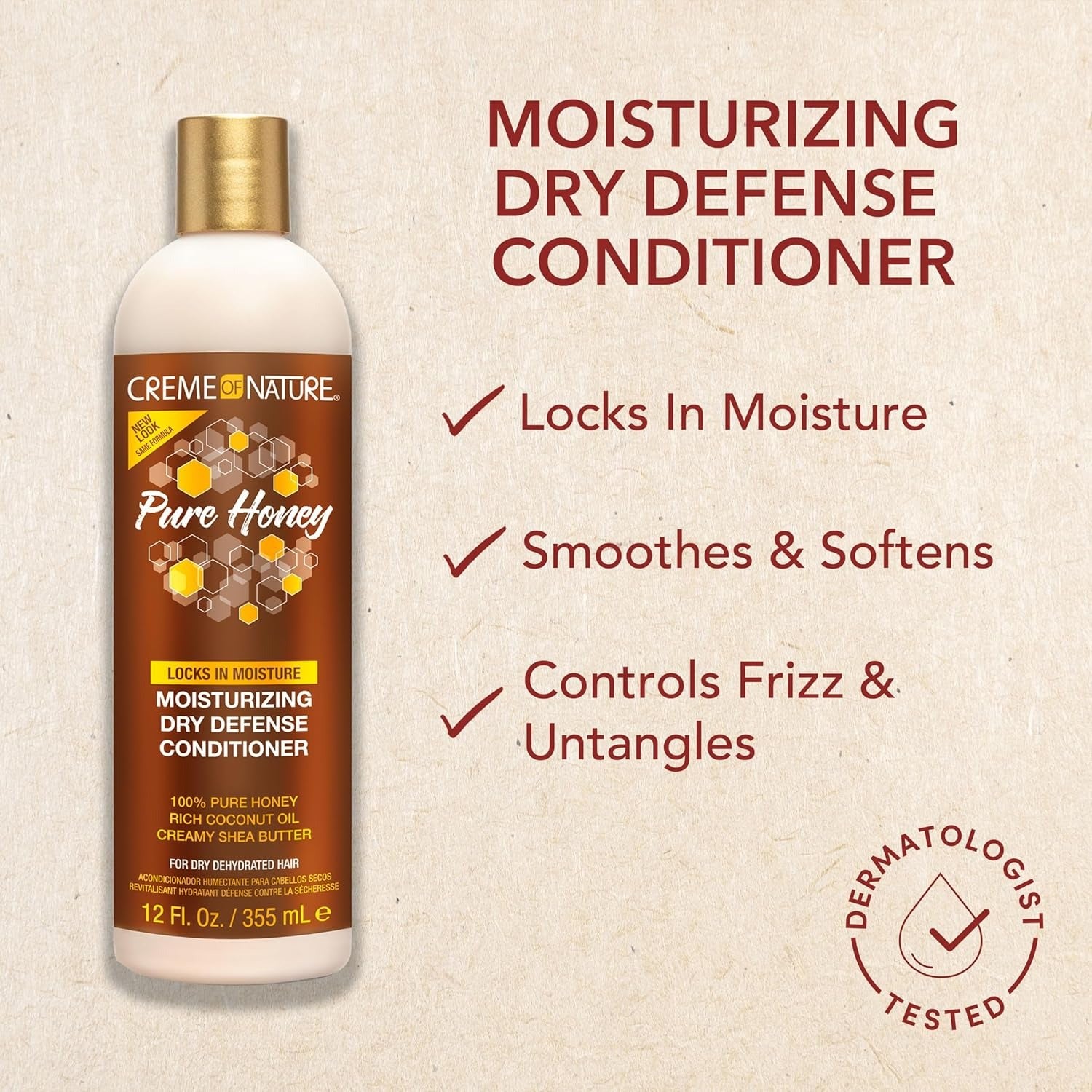 Creme of Nature pure honey moisturizing conditioner bottle labeled Moisturizing Dry Defense locks in moisture and controls frizz