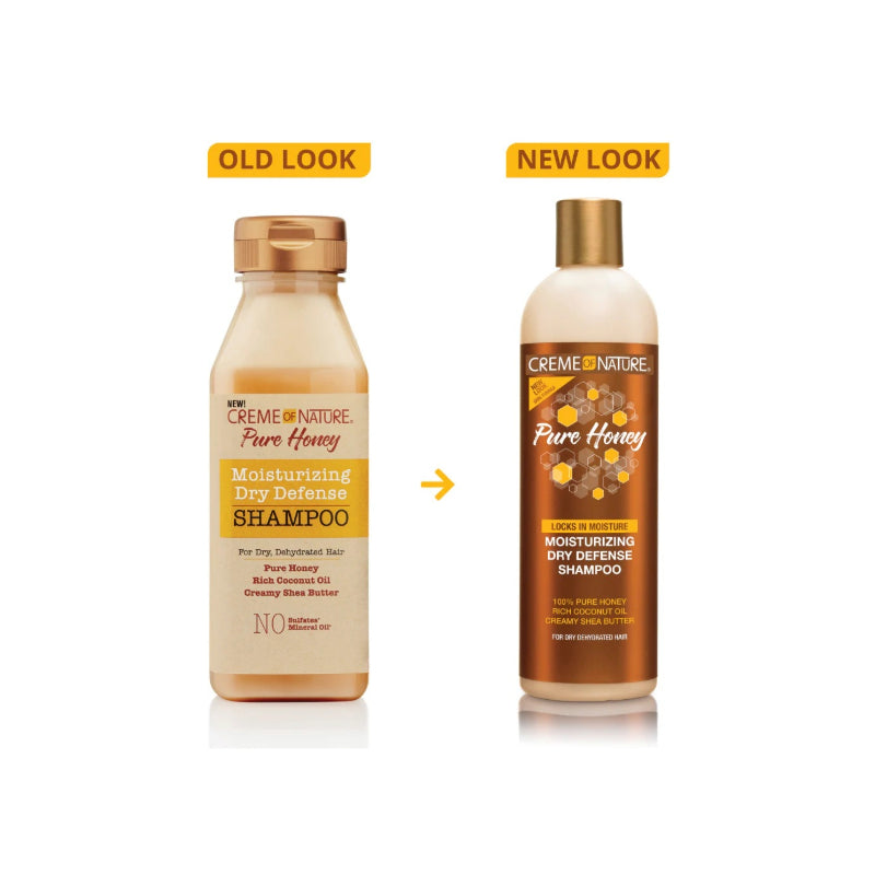 Creme of Nature pure honey moisturizing shampoo old and new bottle packaging comparison for dry defense hair