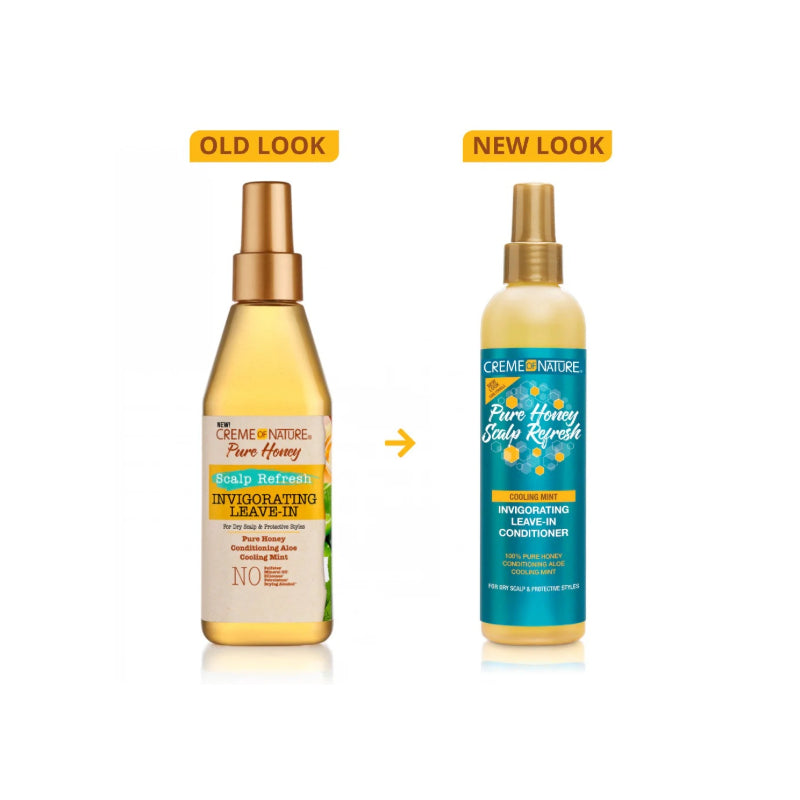 CREME OF NATURE pure honey scalp refresh leave-in conditioner old and new packaging bottles shown side by side