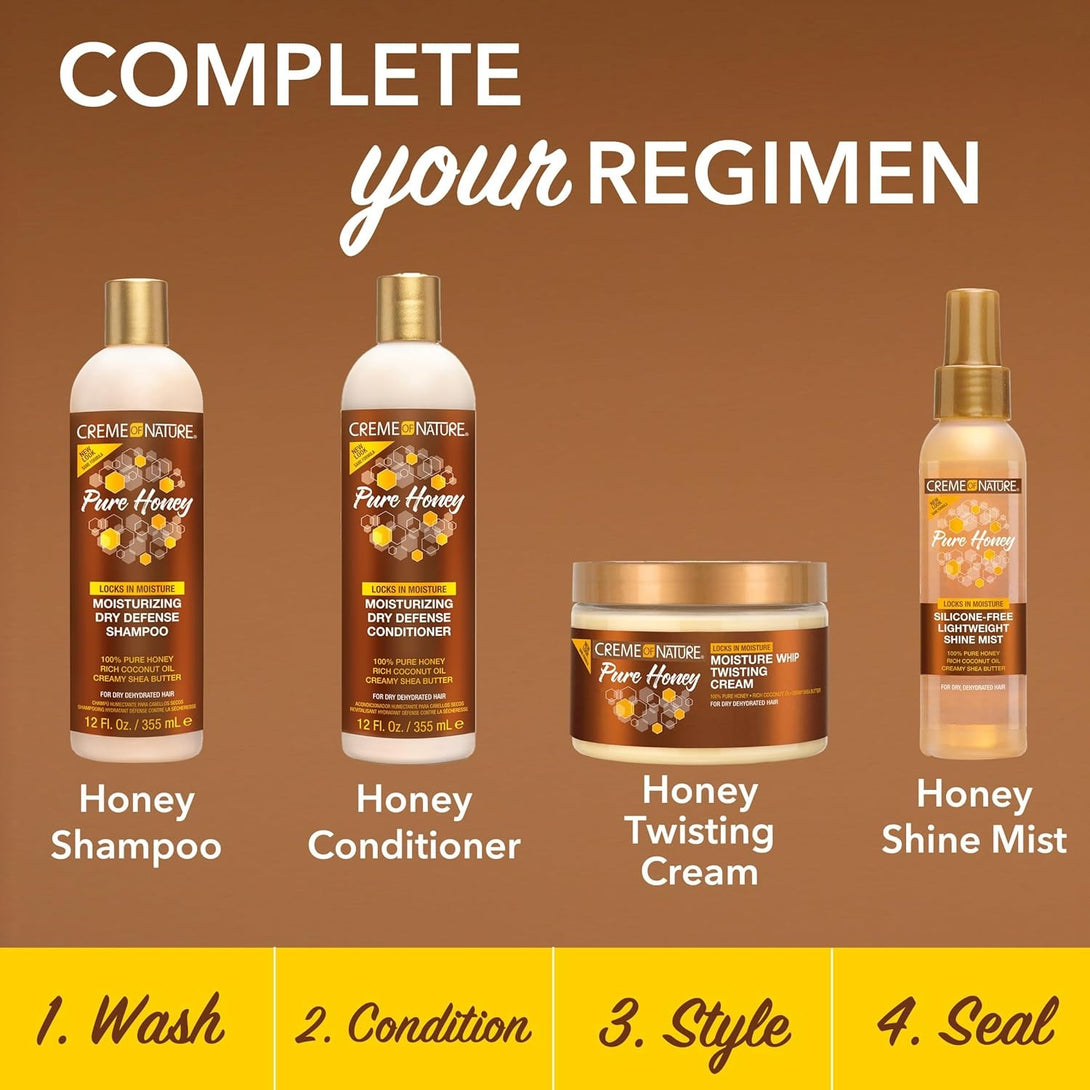CREME OF NATURE Pure Honey collection showing honey shampoo honey conditioner pure honey twisting cream jar and shine mist