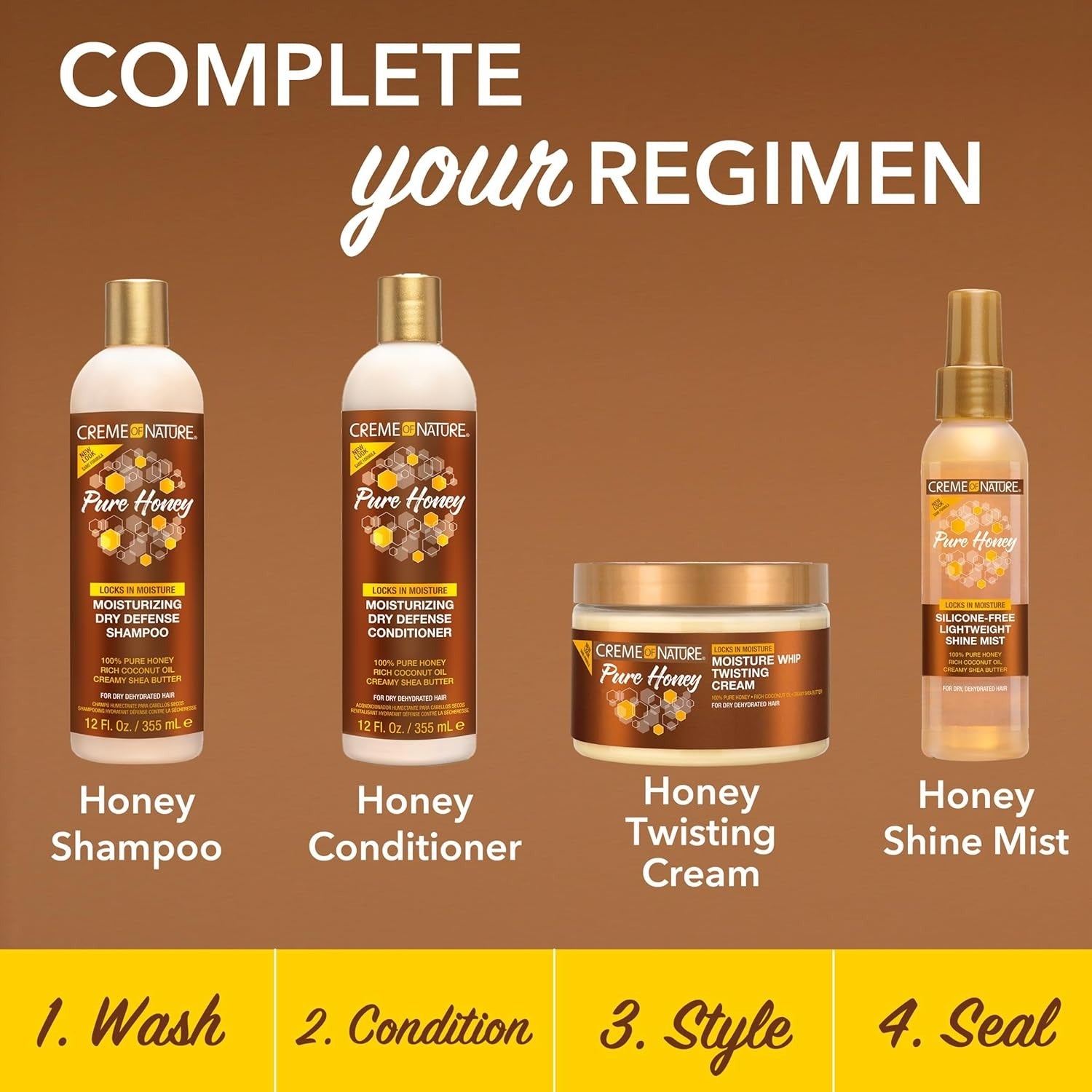 CREME OF NATURE Pure Honey collection showing honey shampoo honey conditioner pure honey twisting cream jar and shine mist