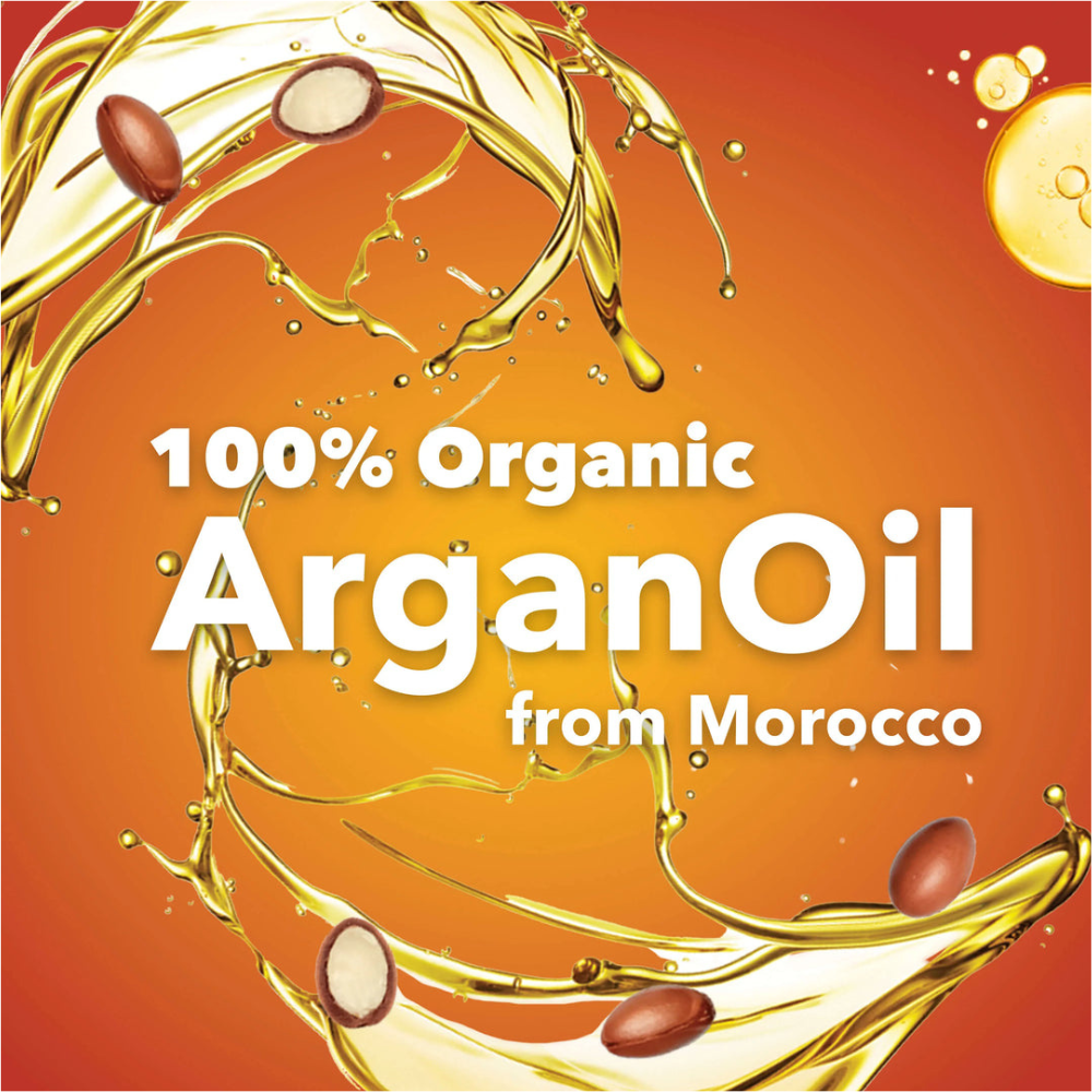 Creme of Nature argan oil label with golden oil splash and argan nuts promoting sulfate free argan oil shampoo