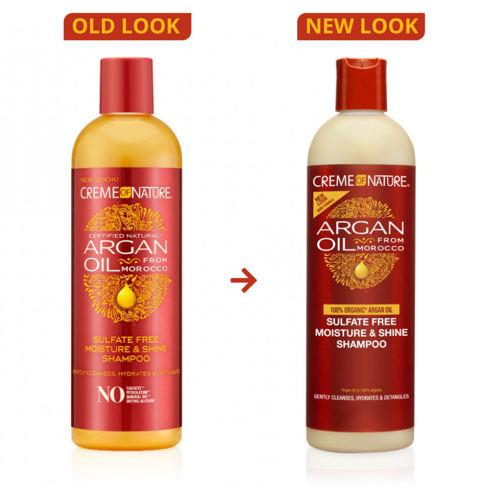 CREME OF NATURE old and new bottles of sulfate free argan oil shampoo showing updated packaging for moisture and shine