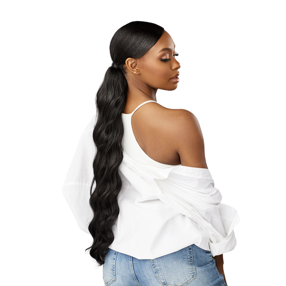 SENSATIONNEL 18 inch kinky curly wig styled as a sleek low ponytail with long glossy black waves on model