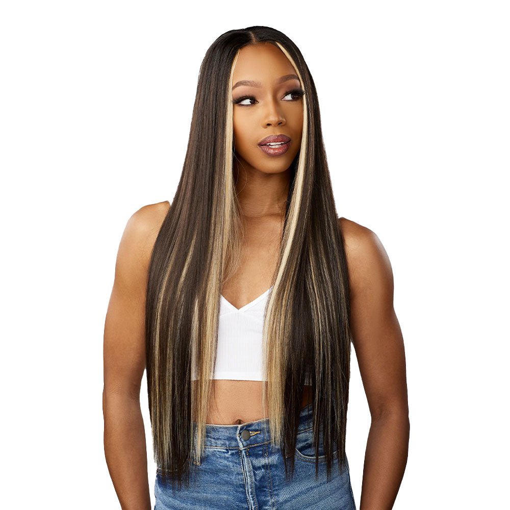 Sensationnel straight 18 inch wig with long dark brown hair and blonde highlights