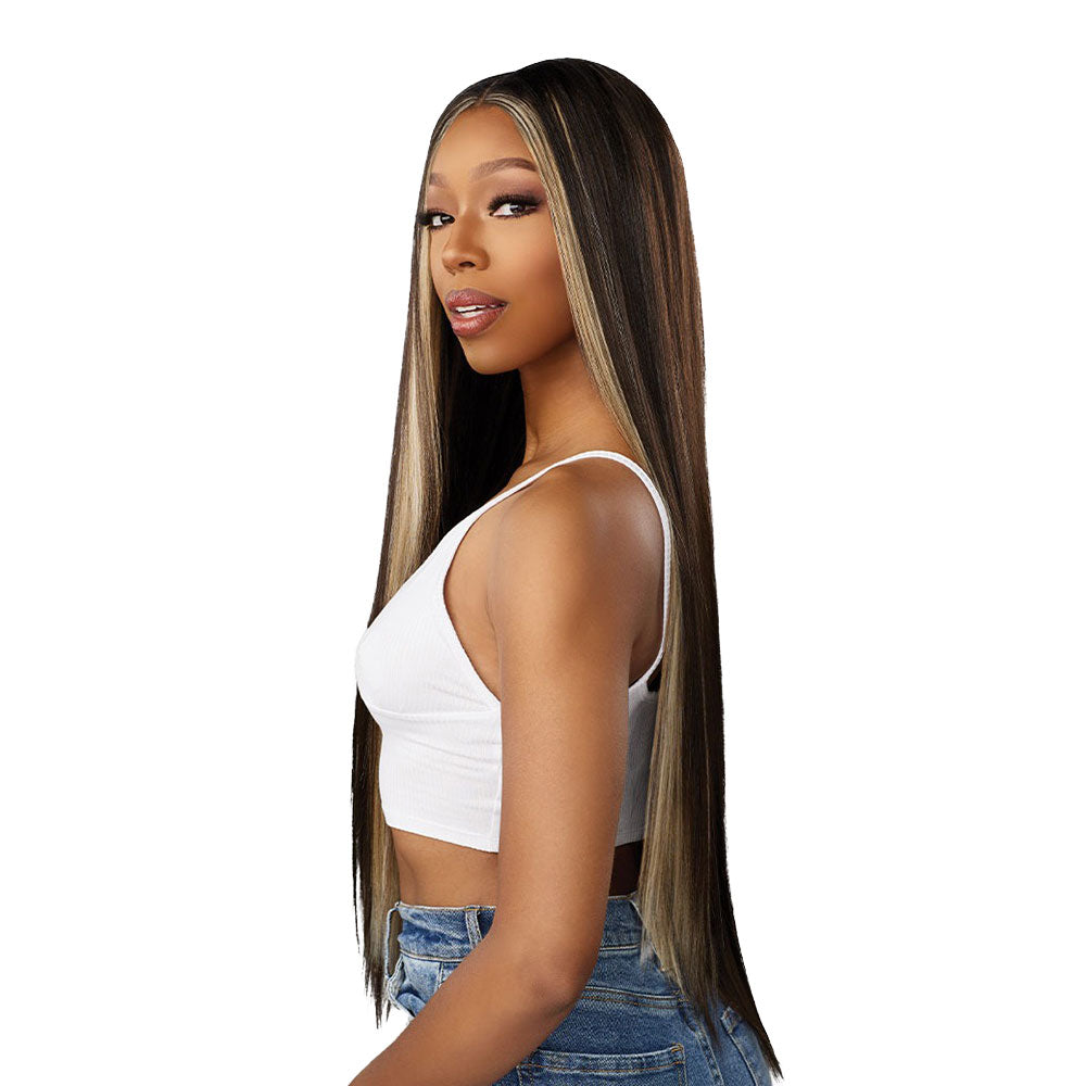 SENSATIONNEL straight 18 inch wig worn by woman with long sleek hair and blonde highlights