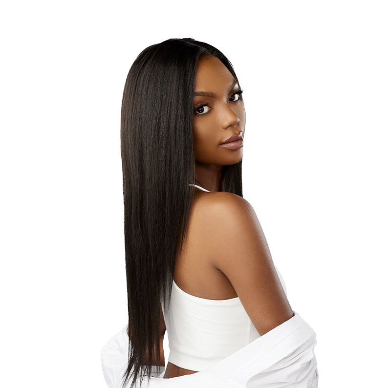 SENSATIONNEL multi length straight hair bundles styled on model with sleek long black hair