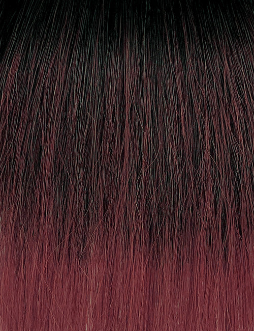OUTRE curly synthetic half wig in a dark brown to burgundy ombre color gradient