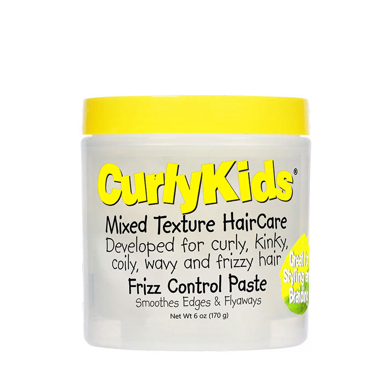 CurlyKids frizz control paste clear jar with yellow lid smooths edges and tames frizzy curly hair