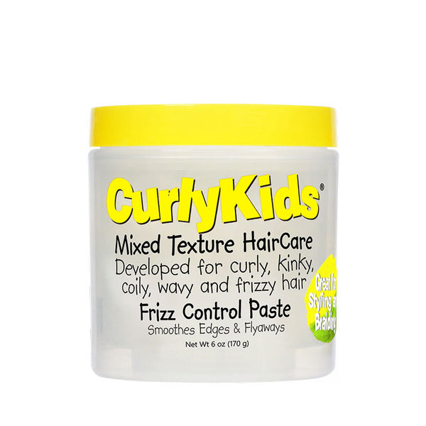 CurlyKids frizz control paste clear jar with yellow lid smooths edges and tames frizzy curly hair