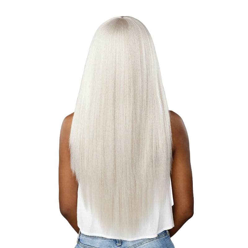 SENSATIONNEL wig long straight platinum blonde midback length shown from back on model sleek silky finish for everyday wear
