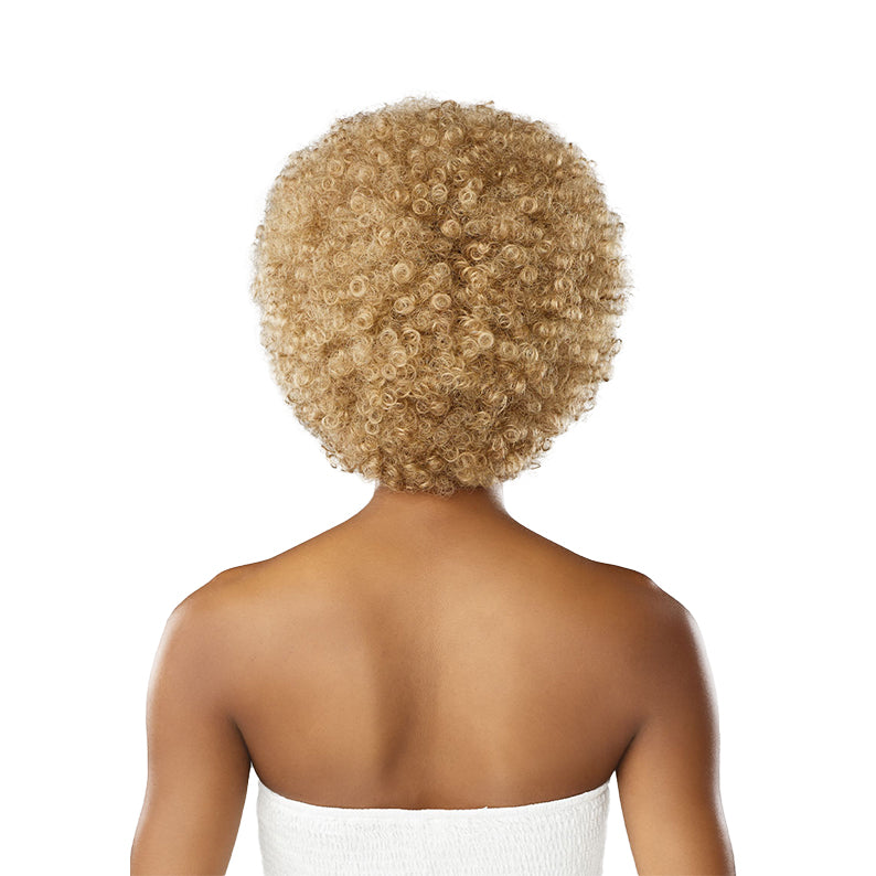 SENSATIONNEL synthetic afro curly wig in honey blonde short tight curls on model back view