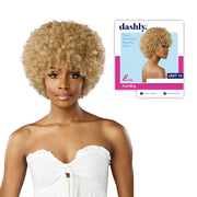 Model wearing SENSATIONNEL synthetic afro curly wig in blonde short afro style with product packaging