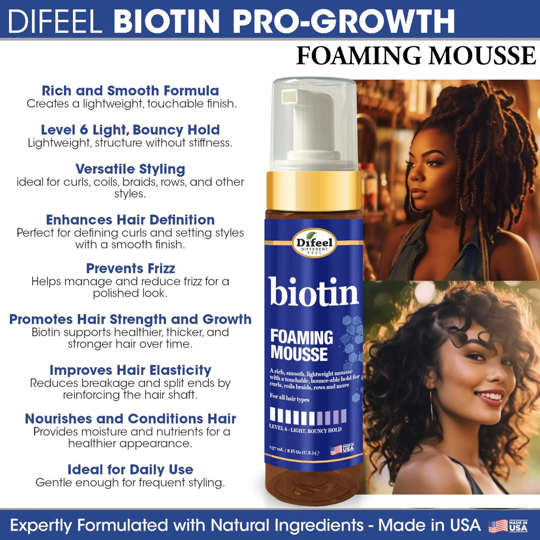 DIFEEL biotin foaming mousse for hair bottle with blue and gold pump label next to women showing curly hair and locs results