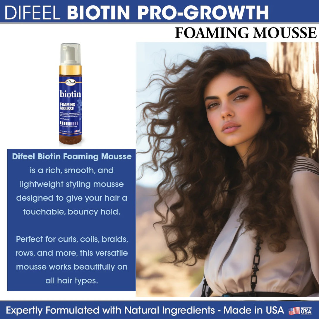 DIFEEL biotin foaming mousse for hair bottle and product text beside model with long bouncy curly hair
